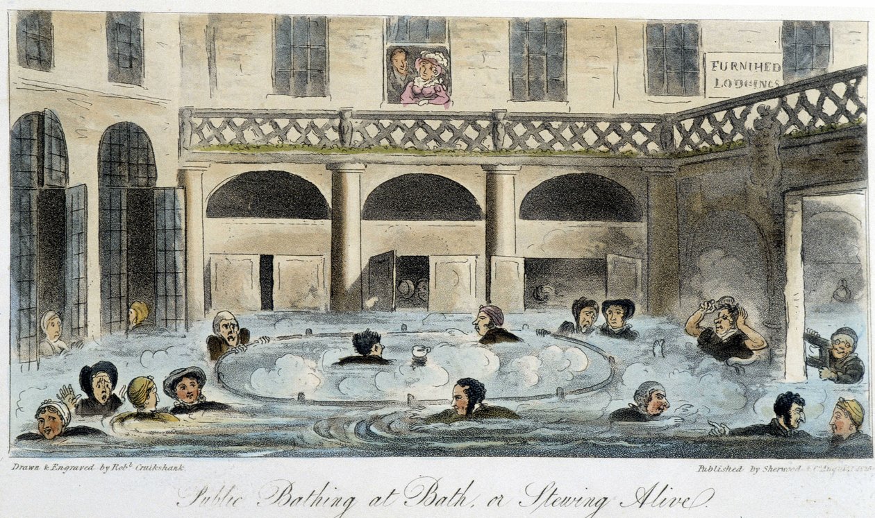 Öffentliches Bad in London - in "The English Spy" von Charles Molloy Westmacott, Zeichnung von Robert Cruikshank, Londoner Ausgabe von Isaac Robert Cruikshank