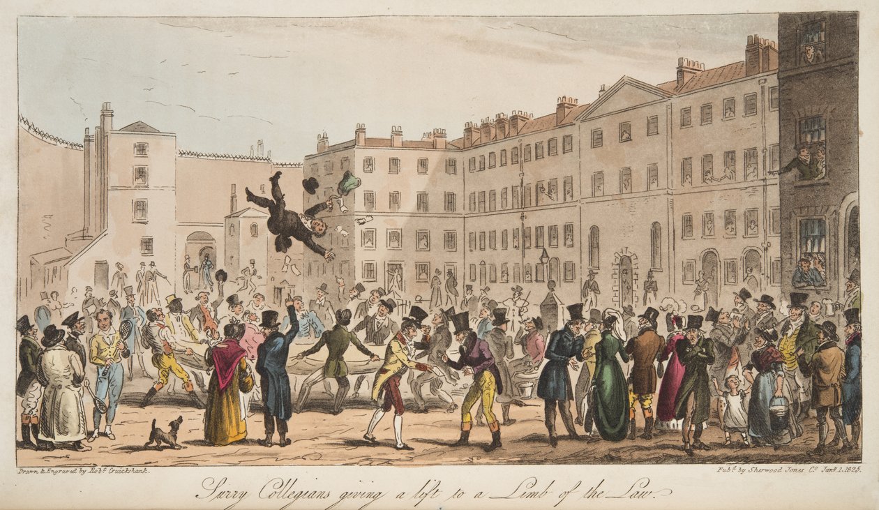 Surrey Collegians geben einem Gesetzesvertreter eine Mitfahrgelegenheit, aus The English Spy, veröffentlicht 1824 von Isaac Robert Cruikshank