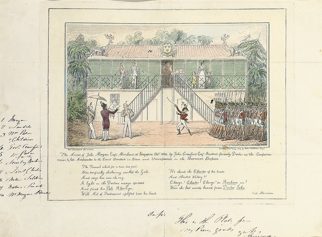 Die Verhaftung von John Morgan, Esq., Kaufmann, Singapur, Oktober 1824, durch John Crawford Esq., Resident, ehemals Arzt im Dienst der Gesellschaft, später Botschafter am Hof, Bangkok, Siam, und Umrapoorah, Burmesisches Reich, Mai 1827 von Isaac Robert Cruikshank