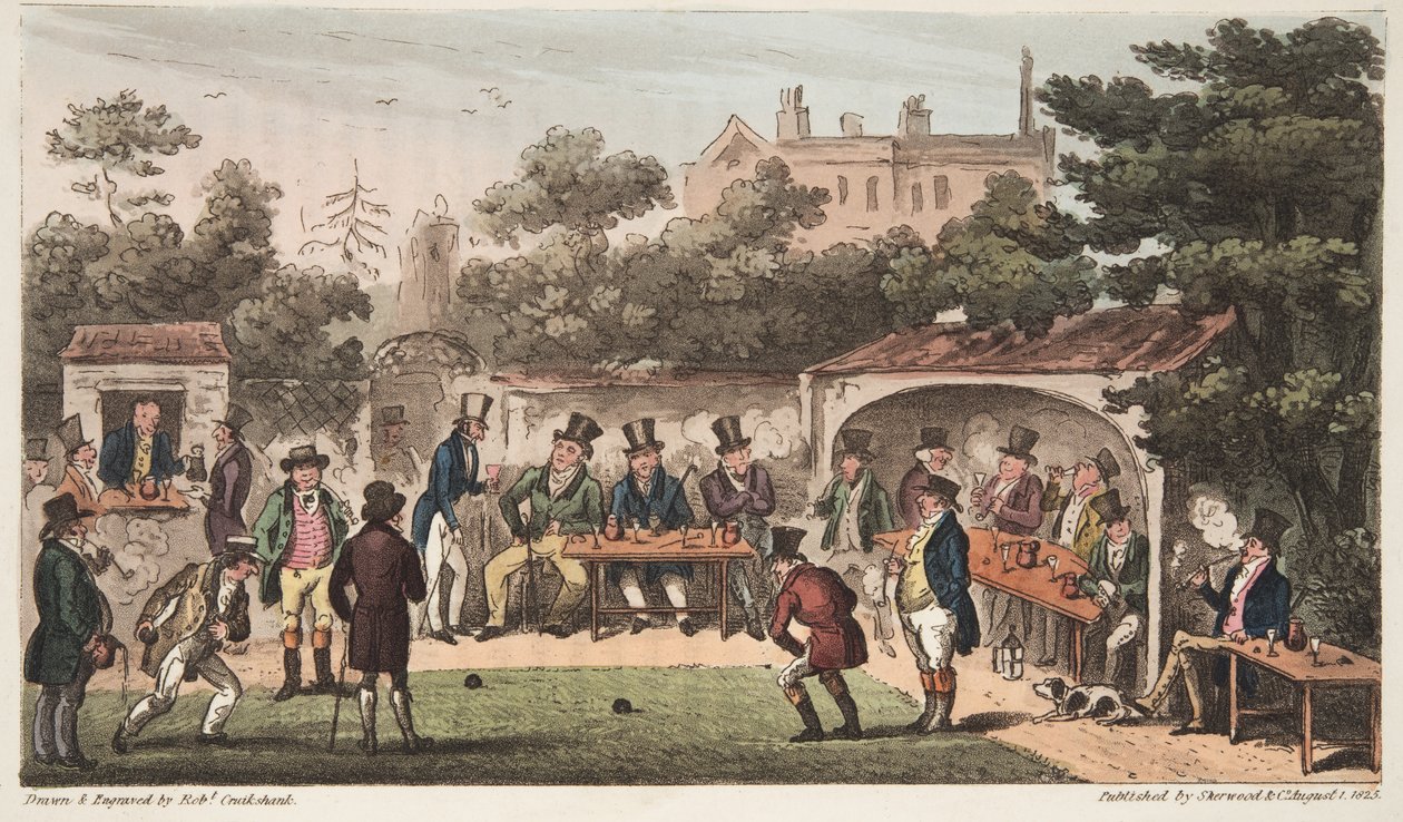 Die Bowlingbahn, Worcester, oder Charaktere des Hand and Glove Club, aus The English Spy, veröffentlicht London, 1824 von Isaac Robert Cruikshank