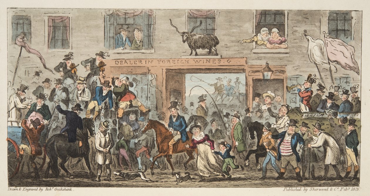 Die komische Prozession aus The English Spy, Gloucester nach Berkeley von Isaac Robert Cruikshank