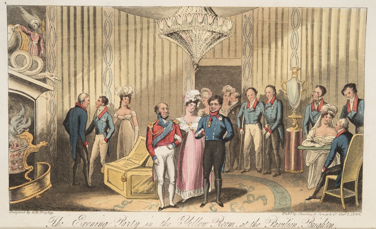 Die Abendgesellschaft im Pavillon, Brighton, aus The English Spy, veröffentlicht 1824 von Isaac Robert Cruikshank