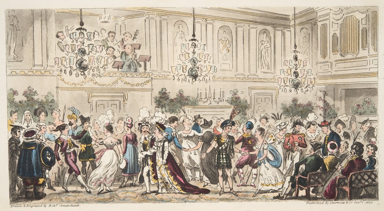 Der Maskenball in den Upper Rooms, Bath, aus The English Spy, veröffentlicht London, 1824 von Isaac Robert Cruikshank