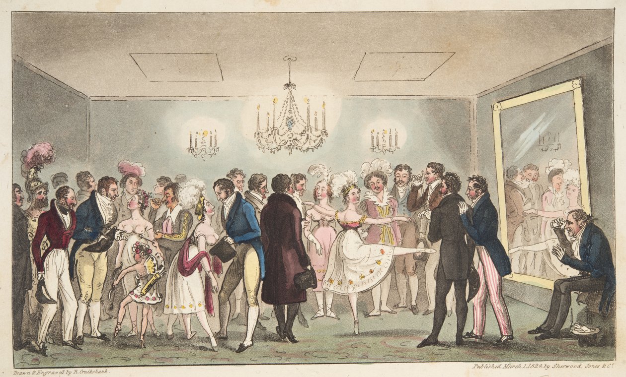 Der Green Room des Kings Theatre, oder edle Amateure betrachten ausländische Kuriositäten, aus The English Spy, veröffentlicht 1824 von Isaac Robert Cruikshank