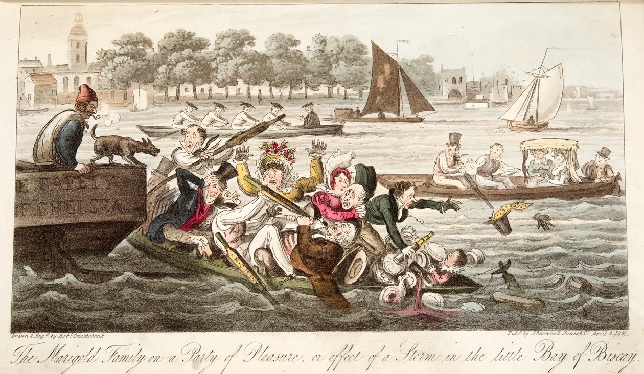 Die Familie Marigold auf einem Vergnügungsausflug, oder die Wirkung eines Sturms in der kleinen Bucht von Biscay, aus The English Spy, veröffentlicht 1824 von Isaac Robert Cruikshank