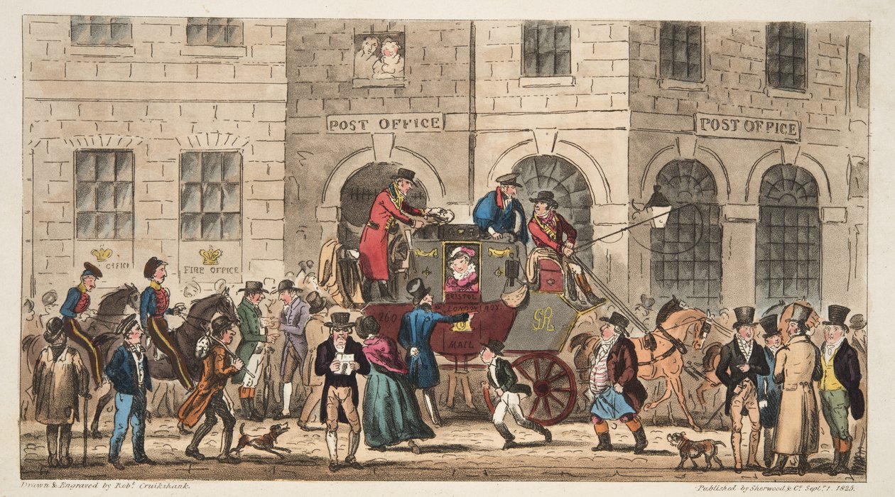 Das Postamt Bristol, Ankunft der Londoner Post, aus The English Spy, veröffentlicht London, 1824 von Isaac Robert Cruikshank
