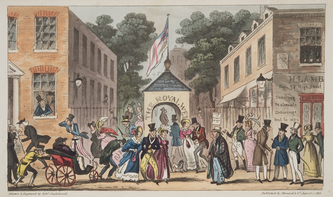 Die Royal Wells, Cheltenham oder Spasmodische Affektionen durch Spa-Wasser, aus The English Spy, veröffentlicht 1824 von Isaac Robert Cruikshank