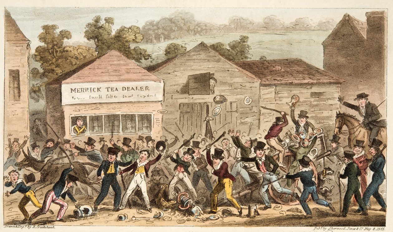 The Tea Pot Row in Harrow, oder die Schlacht von Hog Lane, aus The English Spy, veröffentlicht 1824 von Isaac Robert Cruikshank