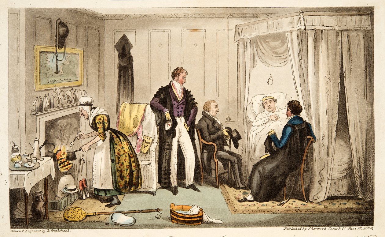 Tom Echo mit dem Headington-Fieber oder ein Oxonianer sehr nah an der Wand, aus The English Spy, veröffentlicht London, 1824 von Isaac Robert Cruikshank