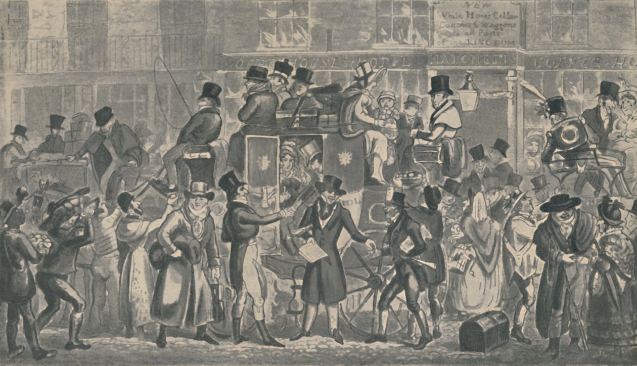 Vor dem White Horse Cellar, Piccadilly, 1821, 1920. Künstler: Isaac Robert Cruikshank, George Cruikshank von Isaac, Robert and George Cruikshank