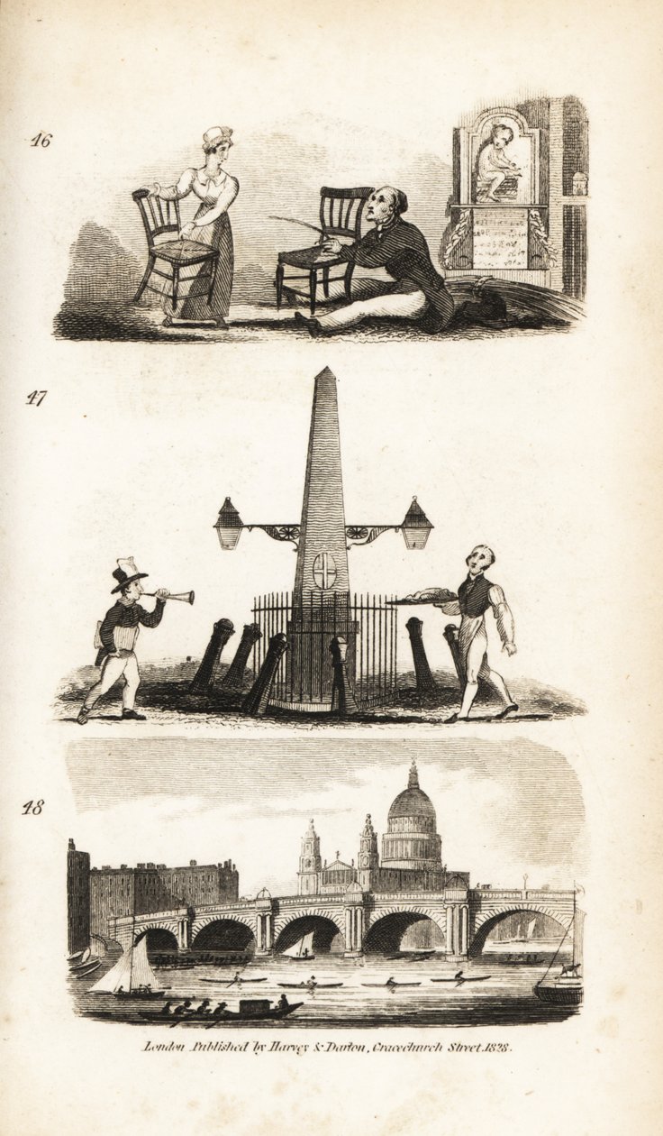Stuhlreparateur, Zeitungsjunge, Fliegender Pastetenmann und Blackfriar’s Bridge von Isaac Taylor