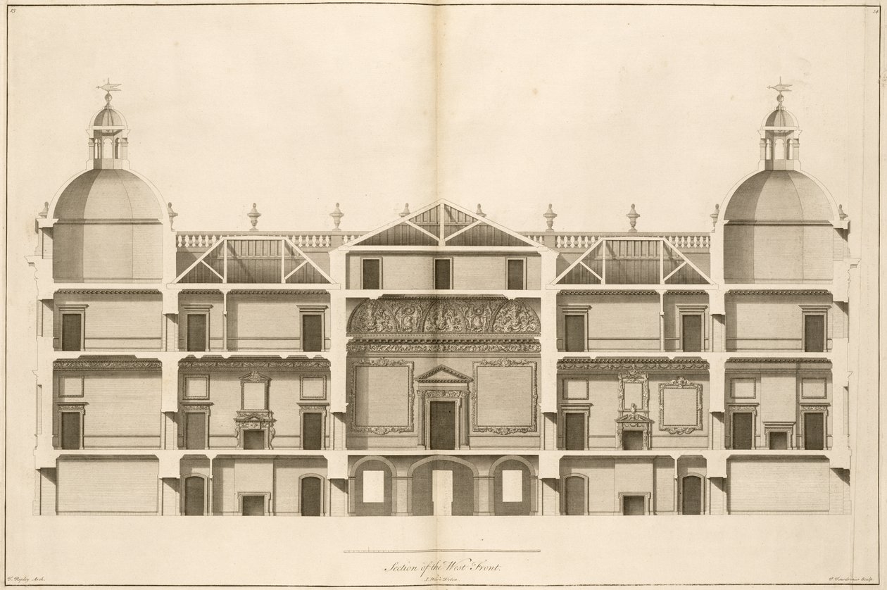 Houghton Hall: Abschnitt der Westfront, gestochen von Pierre Fourdrinier, 1735 von Isaac Ware