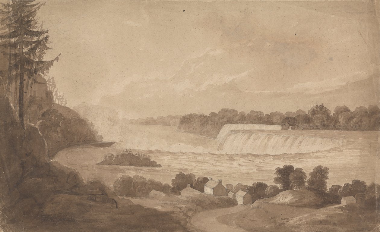 Ansicht der Niagarafälle mit den Fällen im Hintergrund, rechts, und Landschaft mit Häusern im Vordergrund von Isaac Weld