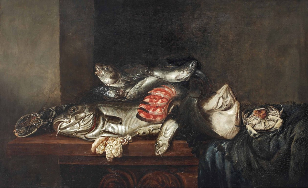 Ein Hummer, Kabeljau, Plattfisch, Lachs, Krabbe, Muscheln und andere Fische in einem Weidenkorb mit einem Fischernetz auf einem teilweise drapierten Tisch von Isaac van Duynen