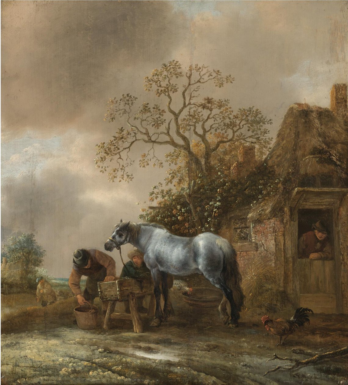 Landschaft mit Bauern, die ein Pferd vor einem Cottage füttern von Isaac van Ostade