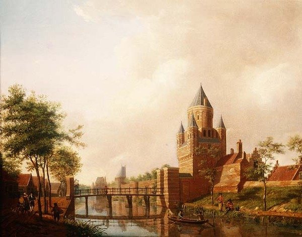 Ansicht der Kleine Houtpoort in Haarlem mit der Grote Houtpoort im Hintergrund von Isaac Ouwater