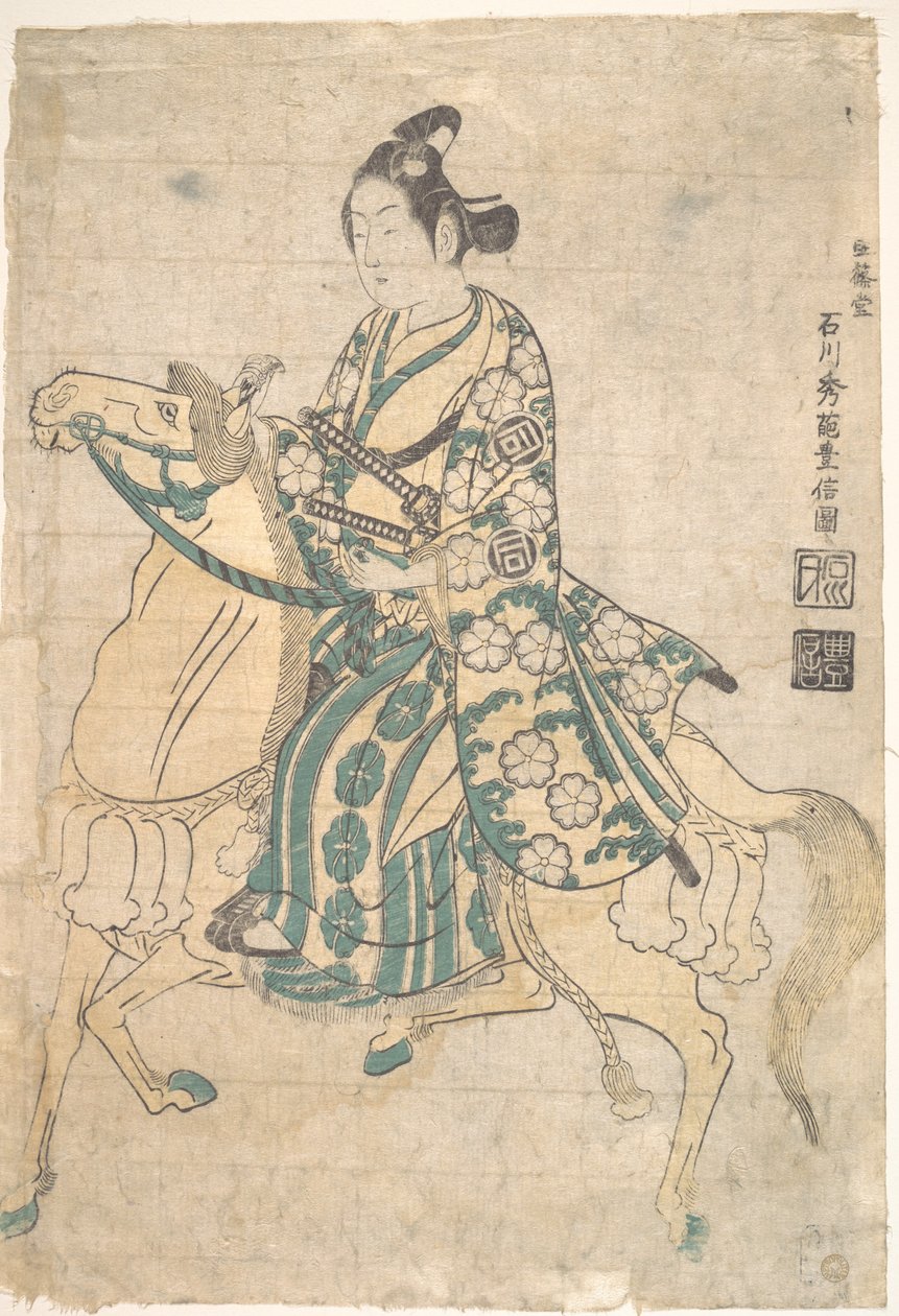 Schauspieler Sanokawa Ichimatsu als junger Samurai zu Pferd von Ishikawa Toyonobu