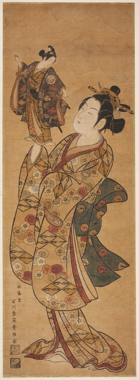 Der Schauspieler Onoe Kikugoro I hält eine Puppe des Schauspielers Sanogawa Ichimatsu I von Ishikawa Toyonobu