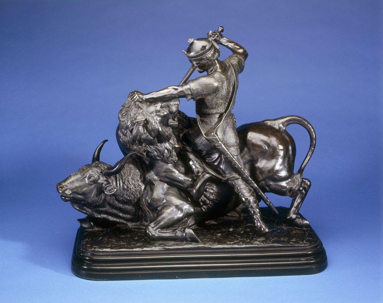 Ein König tötet einen Löwen, der einen Stier angreift von Isidore Jules Bonheur