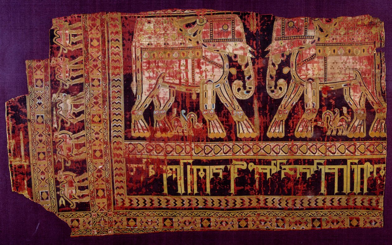 Islamische Kunst: Leichentuch des Heiligen Josse. Seidenstoff, 901 n. Chr. Aus der Abtei Saint Josse, Khorasan, Chorasan oder Khurasan. Herat, modernes Afghanistan. Paris, Louvre Museum von Islamic School
