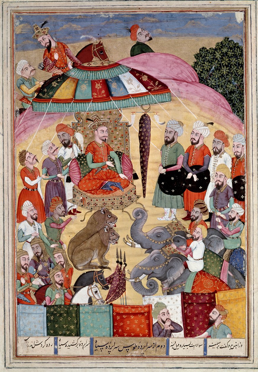 Islamische Kunst: „Sohrab vor dem Zelt des Königs“. Persische Miniatur aus einem Manuskript des Epos „Shahnameh“ (Buch der Könige) von Ferdowsi (ca. 940-1020) von Islamic School