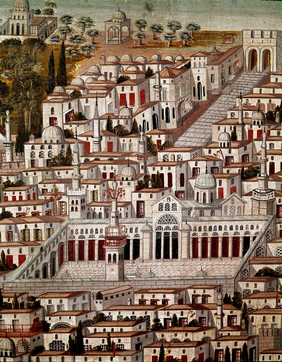 Islamische Kunst: Ansicht von Damaskus mit der Großen Moschee der Umayyaden von Damaskus (705-715). Anonymes syrisches Gemälde des 17. Jahrhunderts. Syrien, Damaskus, Azem-Palast. von Islamic School