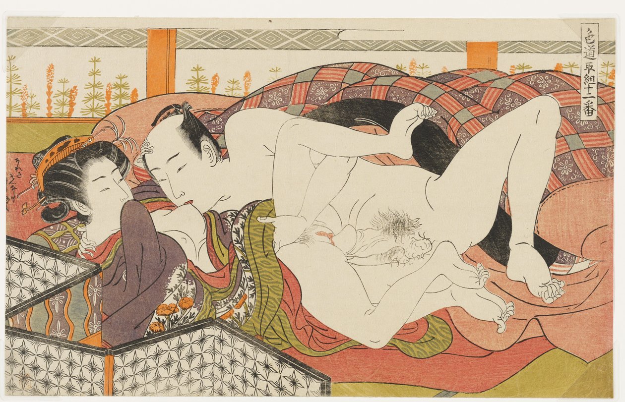 Küssen ihrer Brust, Nr. 9 aus Zwölf Kämpfen im Weg der Liebe (Shikidō torikumi jūniban) von Isoda Koryusai