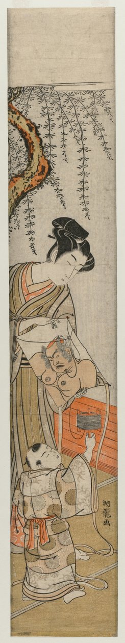 Junger Mann und Kind mit einem Drachen von Isoda Koryusai