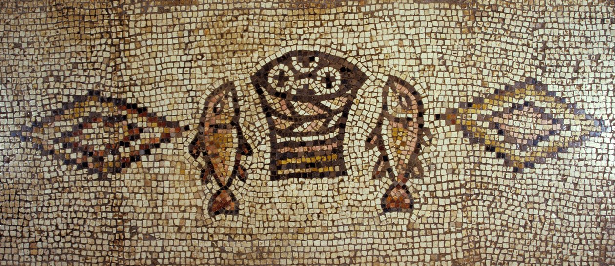 Byzantinisches Mosaik, das Fische und Brote darstellt von Israeli School