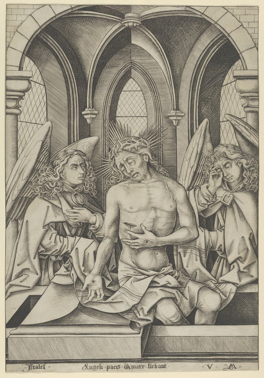 Christus als Schmerzensmann zwischen zwei Engeln, ca. 1500 von Israhel van Meckenem