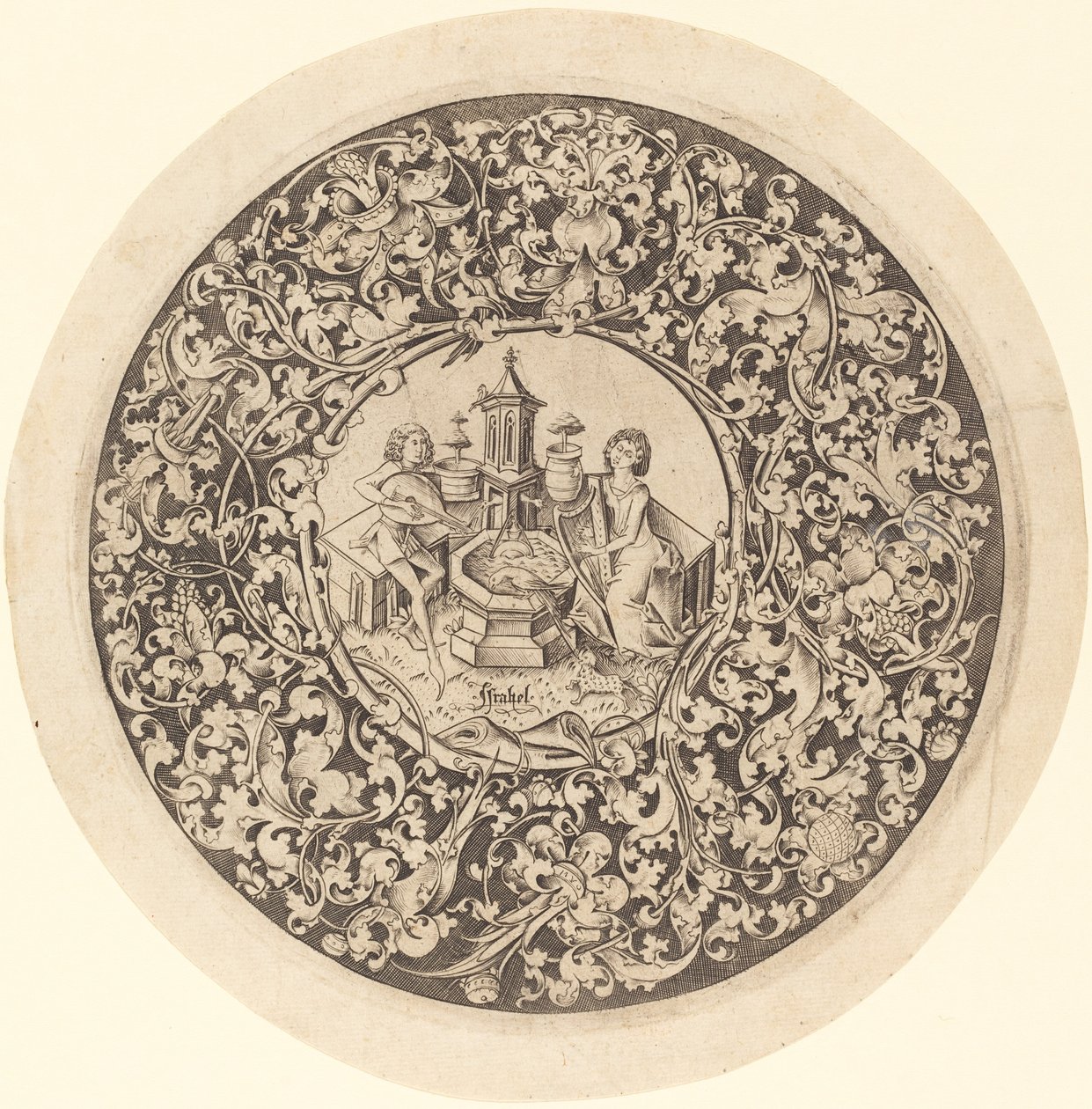 Rundes Ornament mit Musikern, die in der Nähe eines Brunnens spielen von Israhel van Meckenem