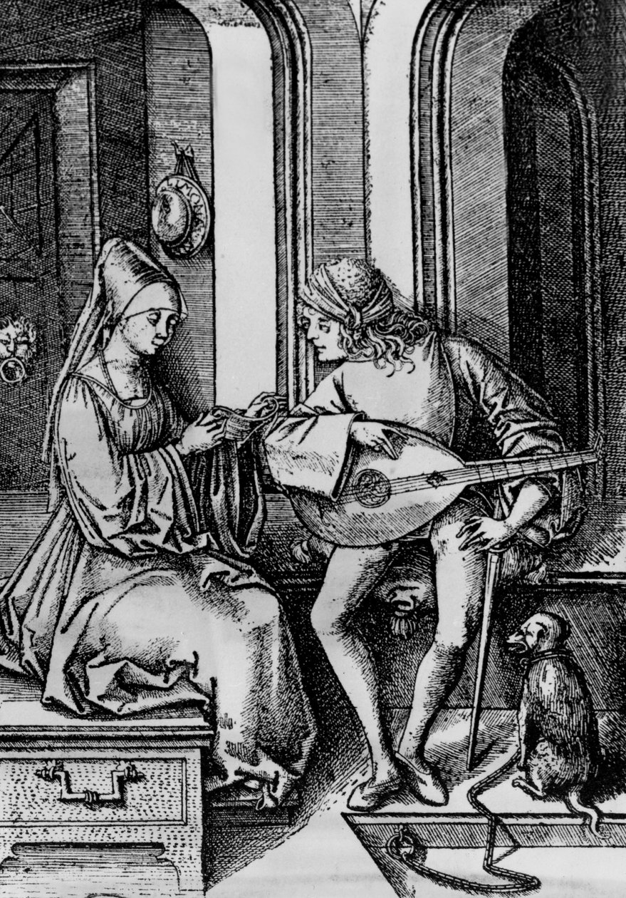 Eine Frau singt, während ein Mann Laute spielt (Gravur) von Israhel van the younger Meckenem