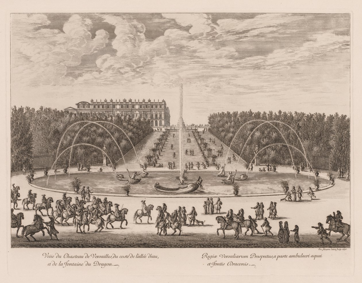 Ansicht des Schlosses von Versailles, von der Seite der Allee und des Drachenbrunnens von Israël Silvestre