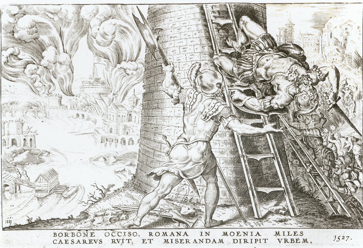 Beim Tod von Charles Bourbon (1490-1527) stürmen die Truppen von Karl V. (1500-58) die Mauern von Rom, 1527 von Italian School