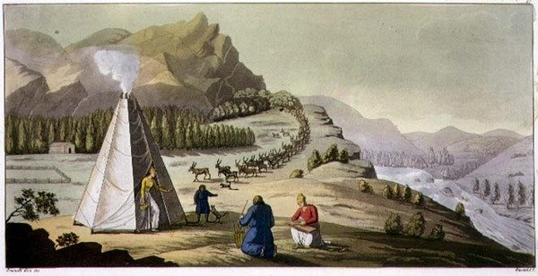 Eine lappländische Hütte oder achteckiges Zelt mit einer Herde Rentiere, die den Berg hinunterkommt, Tafel 47 aus 