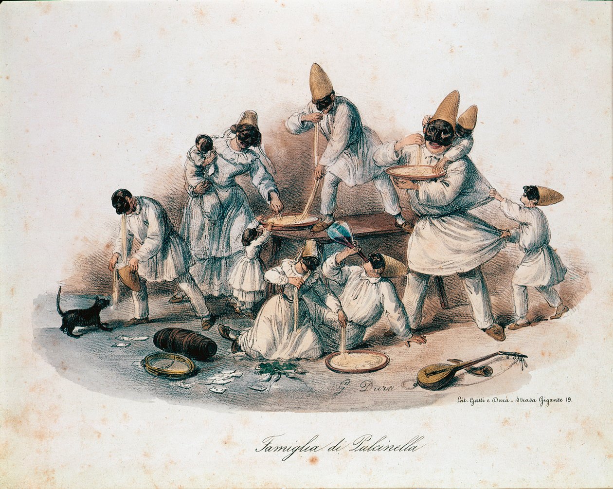 Eine Familie von Pulcinella (Polichinelle), Charakter der Commedia dell