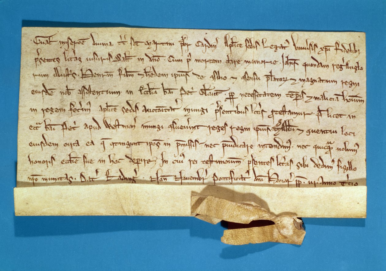 Ein formeller Protest über die Salbung von Heinrich III. in Gloucester, geschrieben vom päpstlichen Legaten, Kardinal Gualo, 1218 von Italian School