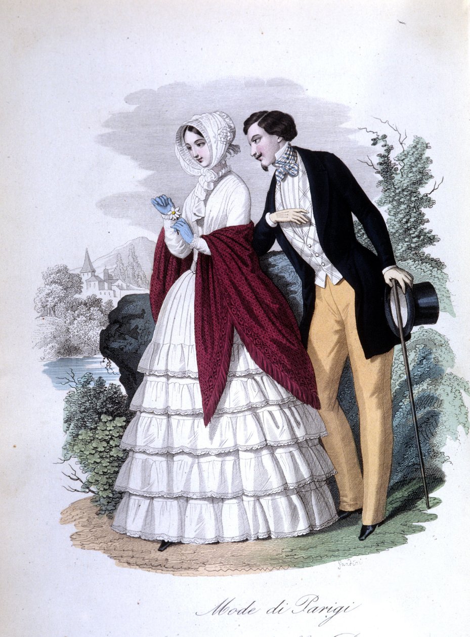 Eine galante Szene: ein elegantes Paar modischer Pariser. 1848 (Gravur) von Italian School