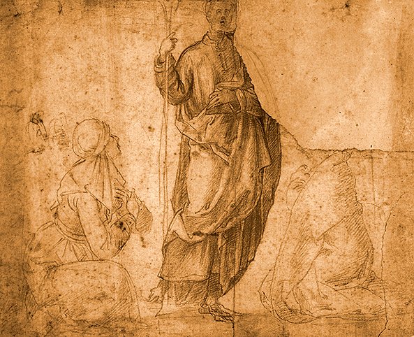 Ein Heiliger mit zwei knienden Frauen (Rötel auf Papier) von Italian School