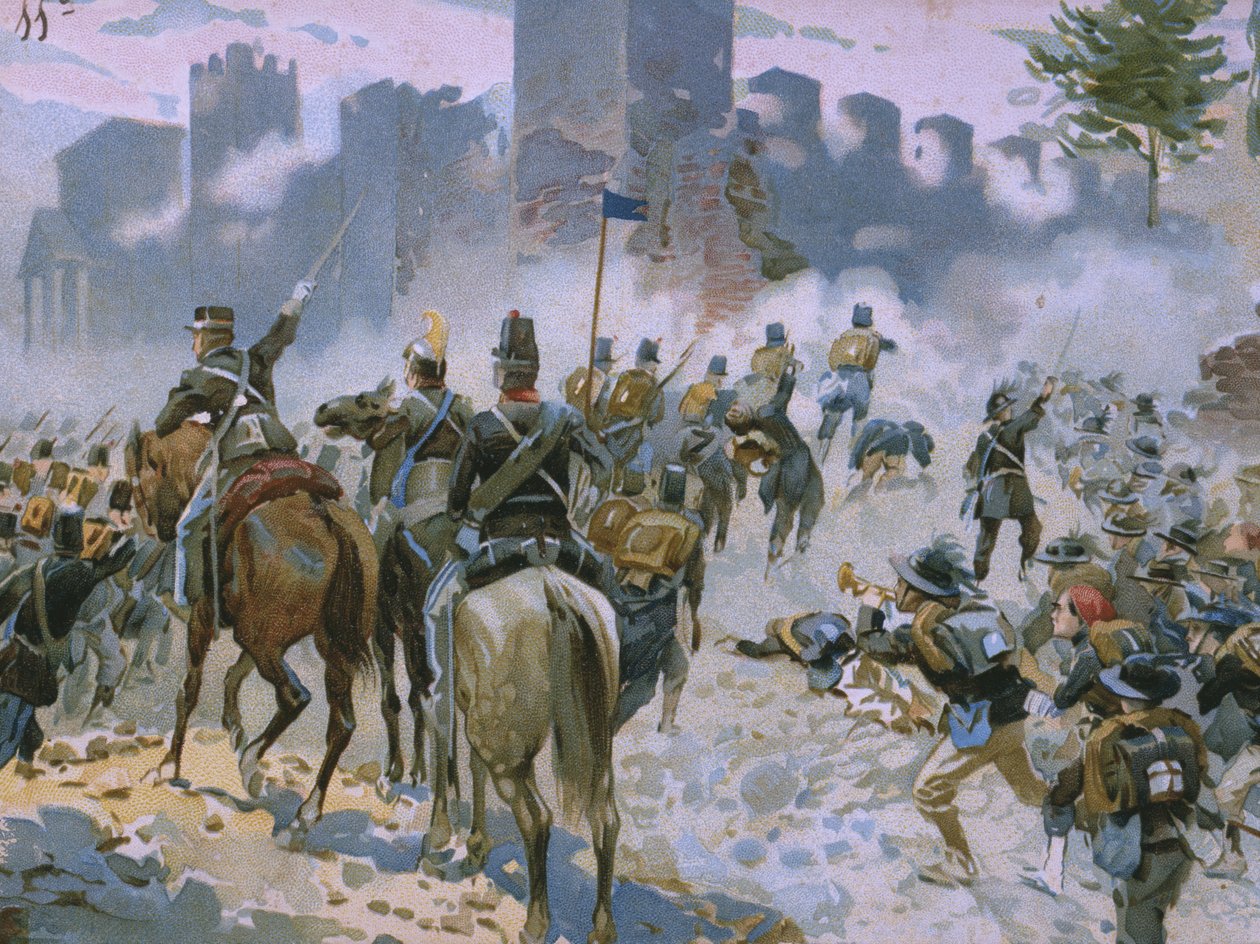 Schlacht von Solferino und San Martino, 24. Juni 1859, Illustration aus einem Album zur Geschichte des Risorgimento für die Schokolade Talmone, späte 19. Jahrhundert von Italian School