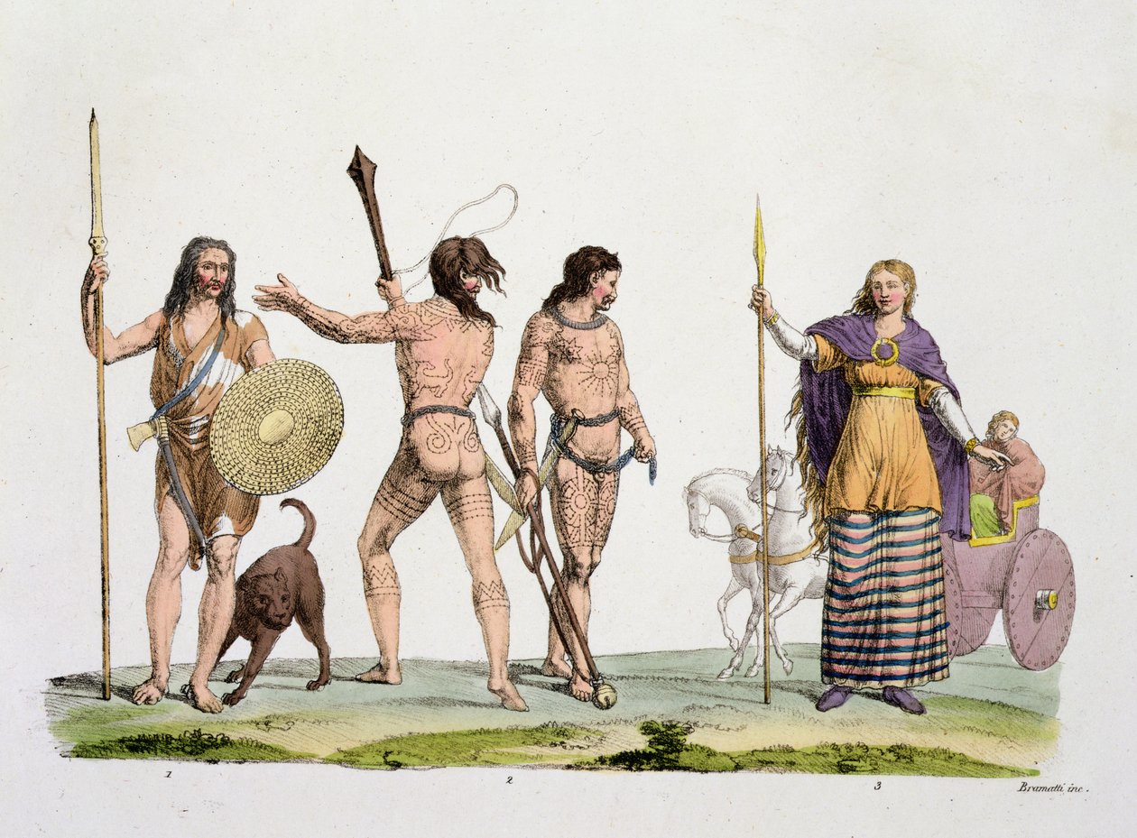 Briten, Kaledonier und Königin Boudica, Tafel 4 aus Die Geschichte der Nationen (Aquatinta) von Italian School