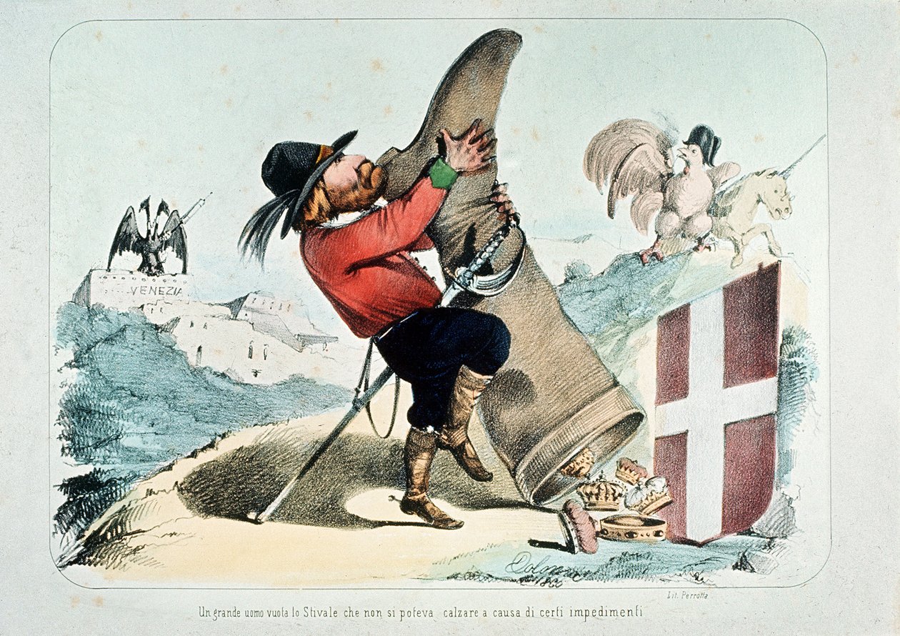 Karikatur von Giuseppe Garibaldi, der einen Stiefel voller Kronen leert von Italian School