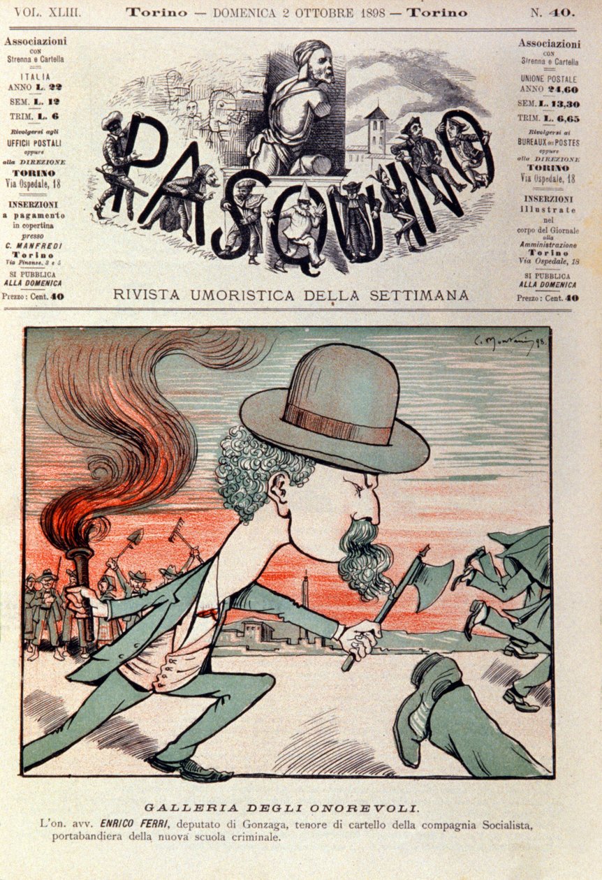 Karikaturporträt von Enrico Ferri (1856-1929), italienischer Kriminologe und Politiker, Aktivist der italienischen Sozialistischen Partei. Karikatur in „Pasquino“, 2. Oktober von Italian School