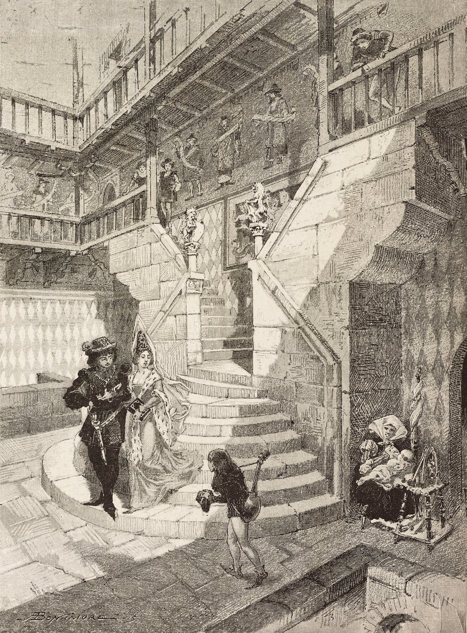 Schlosshof, mittelalterliches Dorf in Turin, Italien, Stich von Bonamore aus L