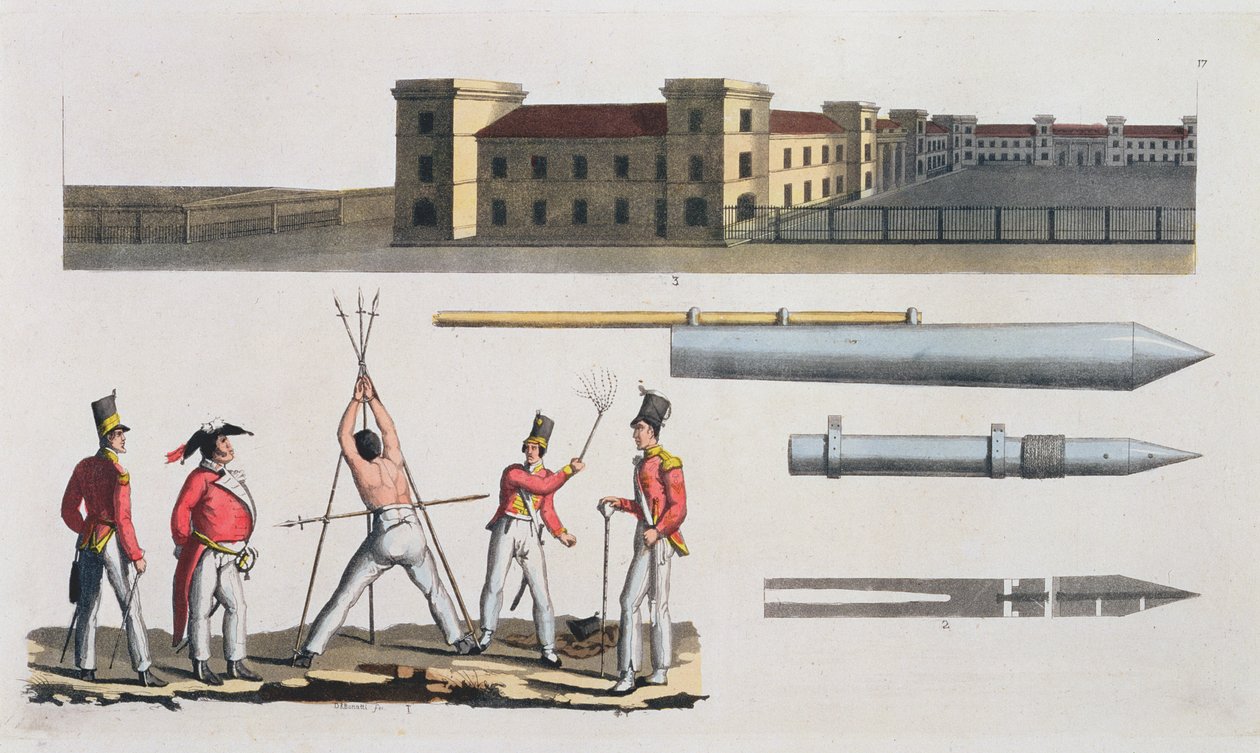 Chatham-Kaserne, eine militärische Bestrafung namens das Dreieck und Congreve-Raketen, Tafel 17 aus Die Geschichte der Nationen (Aquatinta) von Italian School