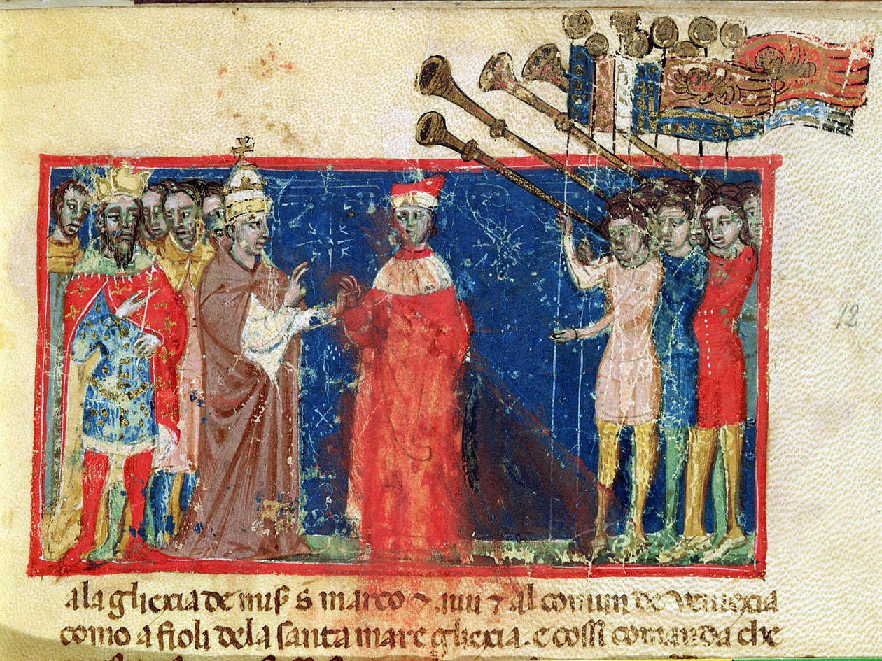 Codex Correr I 383 Doge Sebastiani Ziani erhält eine Petition von Papst Alexander III. (1159-81) und Kaiser Friedrich Barbarossa (ca. 1123-90) von Italian School