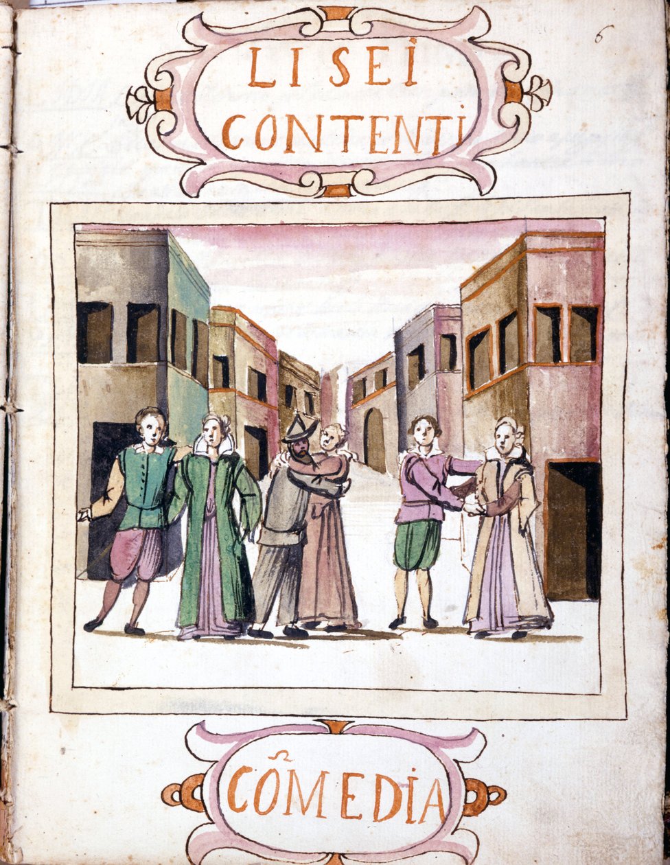 Komödie von Li sei contenti nach dem Manuskriptband „Scenari dei più scelti istrioni“ (1621 - 1643). Rom, Accademia dei Lincei. von Italian School