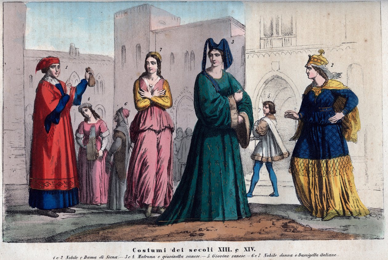 Kostüme in Siena zwischen dem XIII. und XIV. Jahrhundert - Kleidung in Siena zwischen dem XIII. und XIV. Jahrhundert - Gravur aus „Usi e Costumi di Tutti i Popoli dell