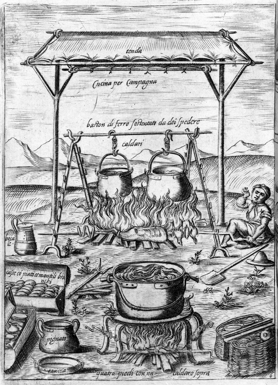 Landküche: Kessel und Töpfe stehen auf dem Feuer. Gravur aus „Opera“, Buch über Gastronomie in 6 Teilen, von Bartolomeo Scappi, persönlicher Koch von Papst Pius V. Venedig von Italian School