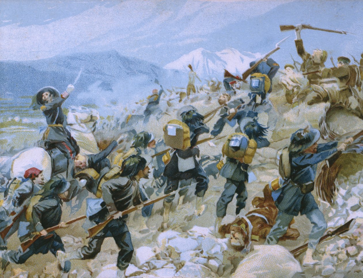 Krimkrieg und die Schlacht von Chernaya, 16. August 1855, Illustration aus einem Album zur Geschichte des Risorgimento für die Schokolade Talmone, späte 19. Jahrhundert von Italian School